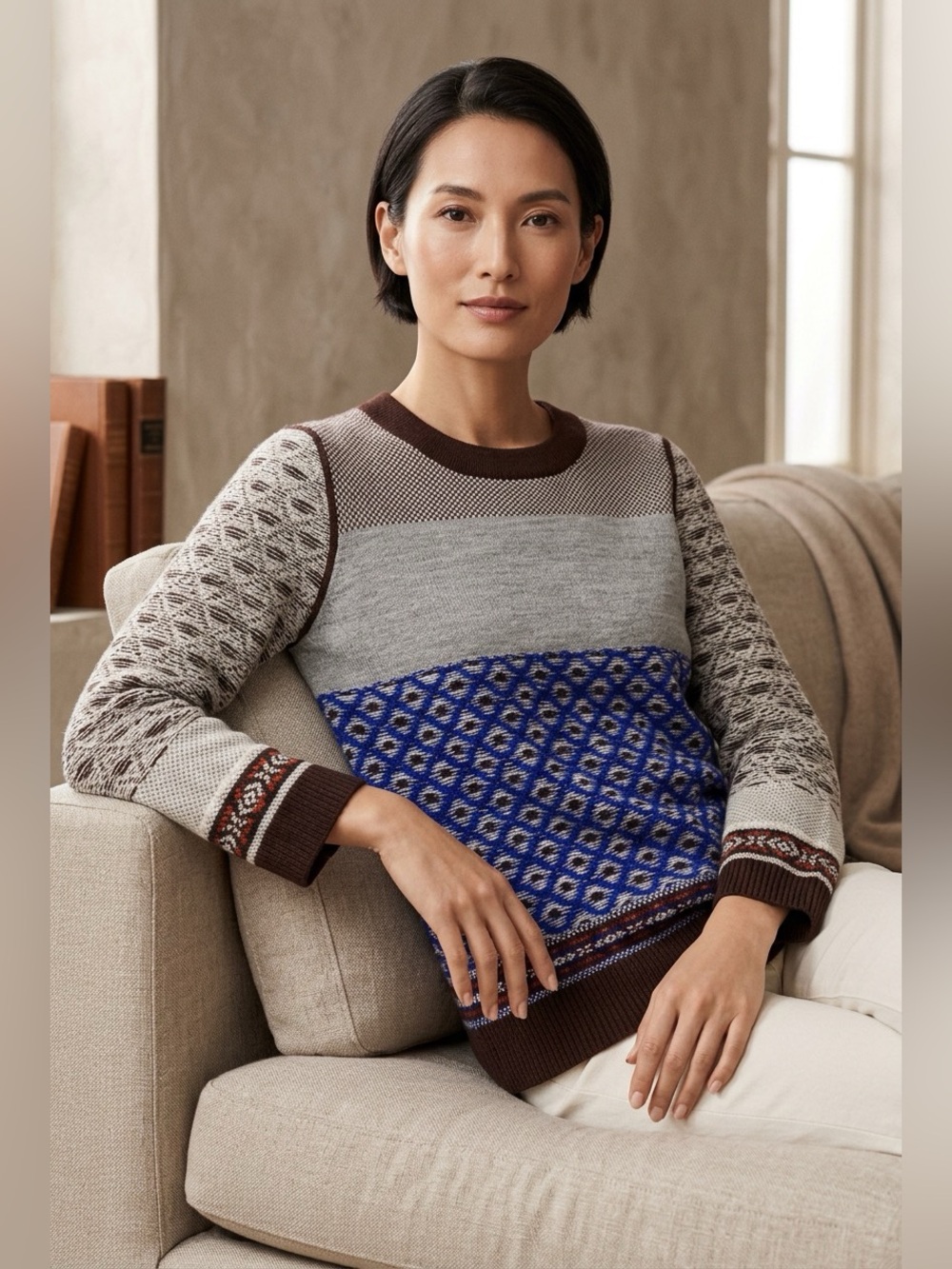 J.CREW Colorblock Fair Isle 100% Merino Wool Geometric Knit Sweater Size L